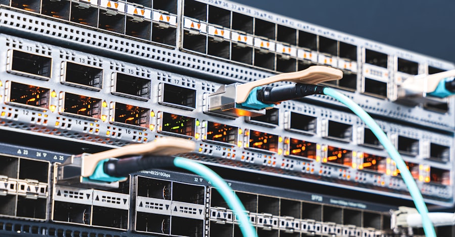 Fibre patch leads connected to a network switch