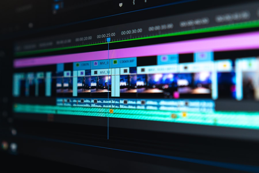 Editing timeline on a monitor showing video and audio tracks